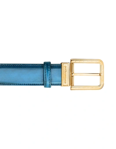Shop Pakerson Designer Men's Belts Ripa Blue Bay Italian Leather Belt W/ Gold Buckle In Bleu