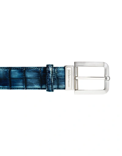 Shop Pakerson Designer Men's Belts Fiesole Blue Bay Alligator Leather Belt W/ Silver Buckle In Bleu