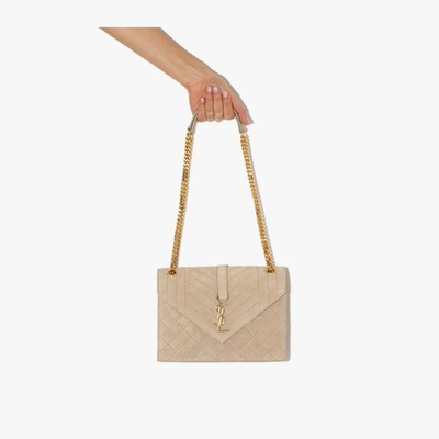 Shop Saint Laurent Neutral Envelope Medium Suede Shoulder Bag In Neutrals