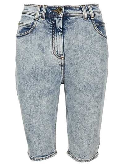 Shop Balmain Blue Denim Bicycle Shorts In Light Blue