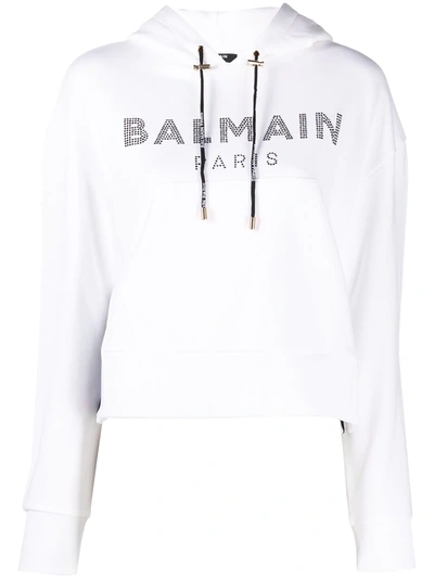 Shop Balmain Embellished Logo Print Cropped Hoodie In White