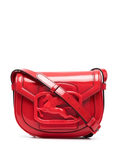 Shop Etro Pegaso Patent Leather Crossbody Bag In Red