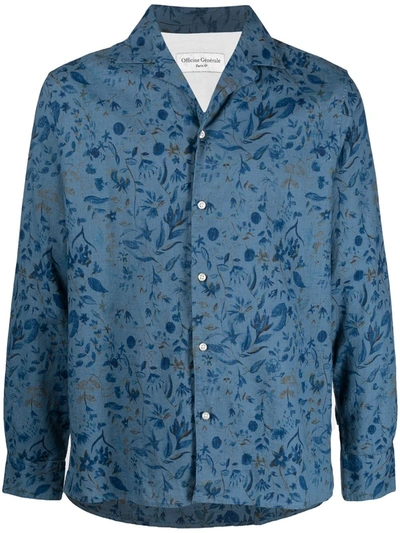 Shop Officine Generale Floral Print Notch Collar Shirt In Blue