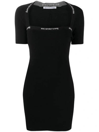 Shop Alexander Wang T Logo-print Fitted Short Dress In Black