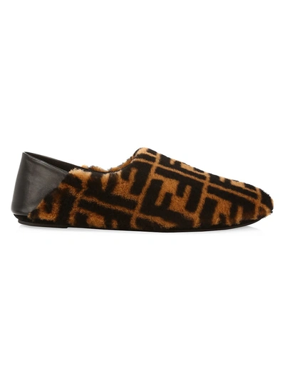 Shop Fendi Logo Shearling & Leather Slippers In Brown