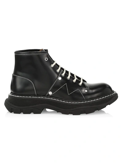 Shop Alexander Mcqueen Men's Shiny Liquid Spazzolato Leather Combat Boots In Black Silver