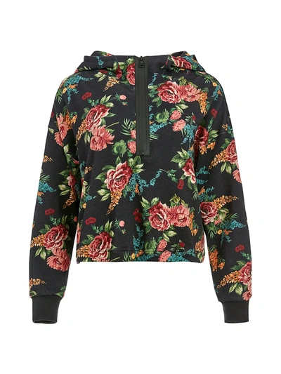 Shop Alice And Olivia Quinlan Cropped Half-zip Hoodie In Floral Express Black