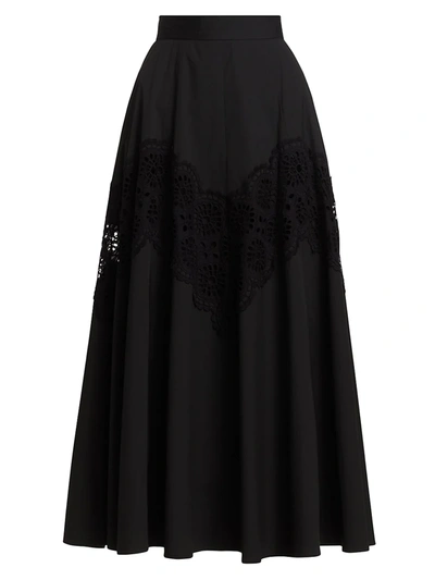 Shop Lela Rose Embroidered Eyelet Poplin Midi Skirt In Black