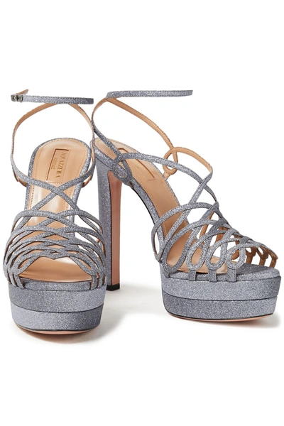 Shop Aquazzura Monroe Plateau 130 Glittered Woven Platform Sandals In Gray