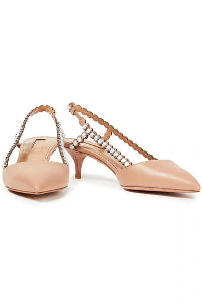 Shop Aquazzura Pearl 45 Embellished Leather Slingback Pumps In Antique Rose