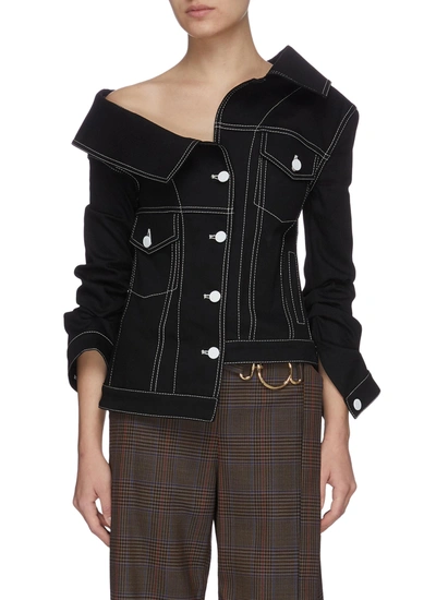 Shop Monse Contrast Seam Asymmetric Off-shoulder Denim Jacket In Black