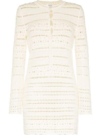 Shop Saint Laurent Long-sleeve Crochet Mini Dress In White