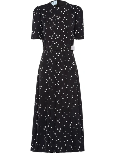 Shop Prada Pleated Star-print Mid-length Dress In Black