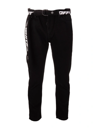 Shop Off-white Man Slim Fit Black Jeans With Logoed Belt In Black/white