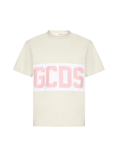 Shop Gcds Logo-band Cotton T-shirt In Whitecap