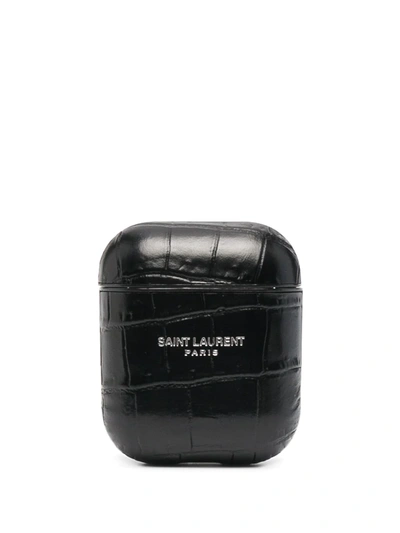 Shop Saint Laurent Crocodile-effect Airpods Case In Black