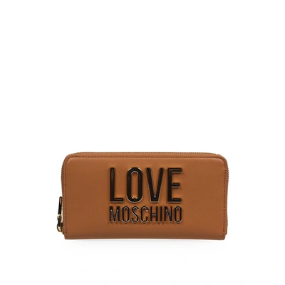 Shop Love Moschino Light Brown Large Wallet With Gold Logo In Leather