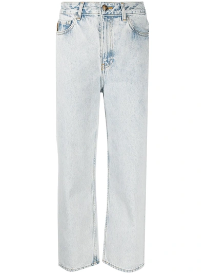 Shop Ganni Washed High-waisted Cropped Jeans In Blue
