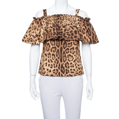 Pre-owned Dolce & Gabbana Brown Leopard Print Cotton Off Shoulder Blouse Xs