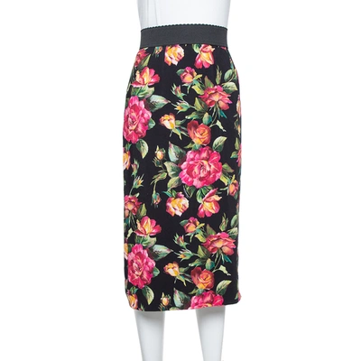 Pre-owned Dolce & Gabbana Black Crepe Floral Printed Pencil Skirt L