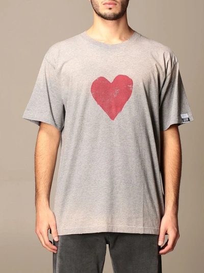 Shop Golden Goose Cotton T-shirt With Logo And Heart Print In Grey
