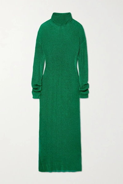 Shop Balenciaga Metallic Ribbed-knit Turtleneck Midi Dress In Green