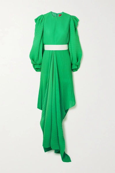Shop Solace London Tilde Belted Asymmetric Plissé-chiffon Dress In Green