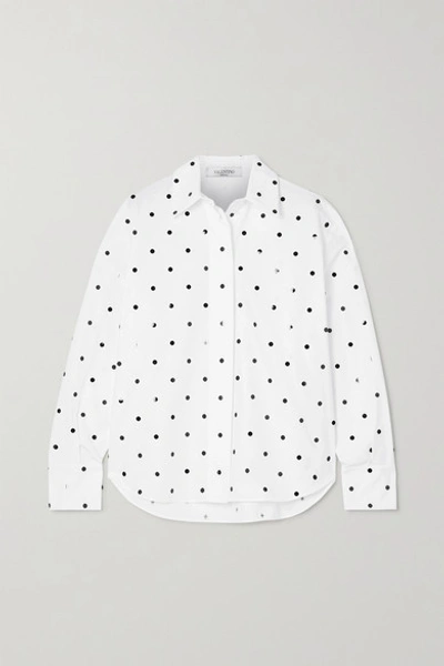 Shop Valentino Sequin-embellished Polka-dot Cotton-poplin Shirt In White