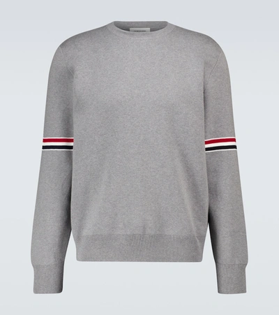 Shop Thom Browne Tricolor Inlay Milano Stitch Cotton Sweater In Light Grey