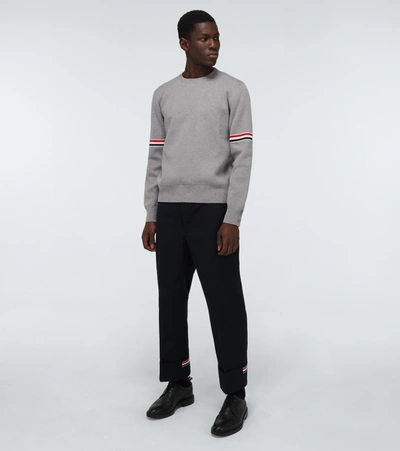 Shop Thom Browne Tricolor Inlay Milano Stitch Cotton Sweater In Light Grey