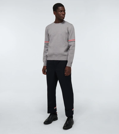 Thom Browne Tricolor Inlay Milano Stitch Cotton Sweater In Light Grey