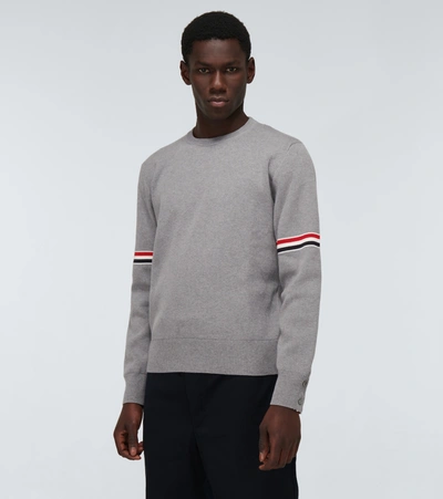 Thom Browne Tricolor Inlay Milano Stitch Cotton Sweater In Light Grey