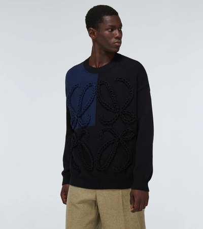 Shop Loewe Anagram Embroidered Cotton Sweater In Blue