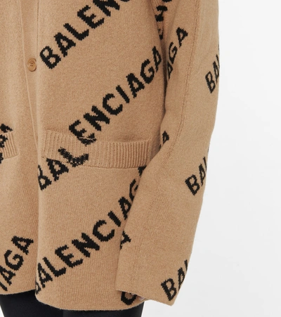 Shop Balenciaga Logo Intarsia Wool Cardigan In Beige