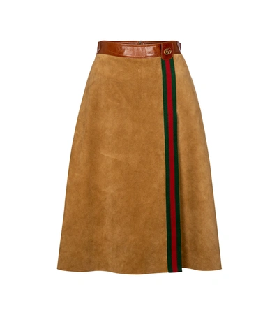 Shop Gucci High-rise Suede Midi Skirt In Beige