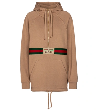 Gucci Web Stripe Half-zip Cotton Hooded Sweatshirt In Brown | ModeSens