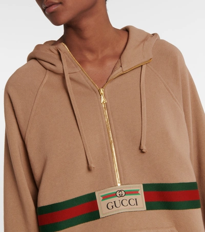 Shop Gucci Logo Cotton Hoodie In Beige