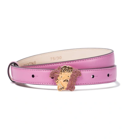 Palazzo Dia Belt With Crystal-encrusted Medusa Buckle In Flamingo Pink-oro  Versace