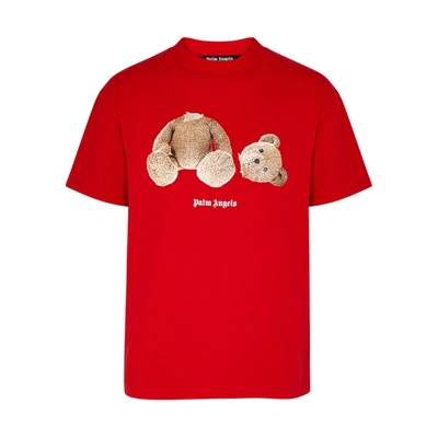 Shop Palm Angels Bear Printed Cotton T-shirt In Red