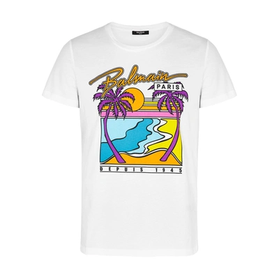 Shop Balmain White Printed Cotton T-shirt