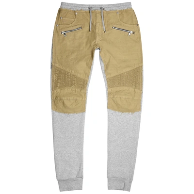 Shop Balmain Panelled Cotton Sweatpants In Grey