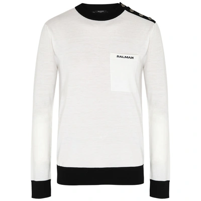 Shop Balmain White Wool Jumper In White And Black