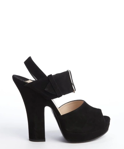 Prada Black Suede Buckle Strap Peep Toe Platform Sandals