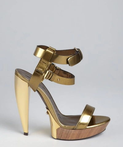 Lanvin Gold Leather Double Strapped Lacquered Heel Sandals