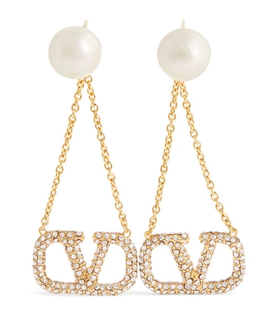 Shop Valentino Pearl And Crystal Vlogo Drop Earrings