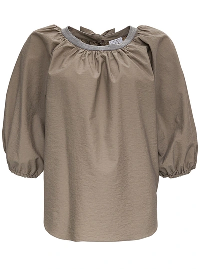 Shop Brunello Cucinelli Cotton Blouse With Puff Sleeves In Beige