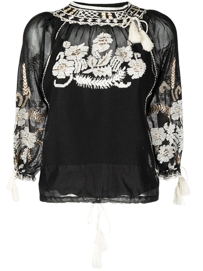 Shop Red Valentino Floral-embroidered Woven Blouse In Black