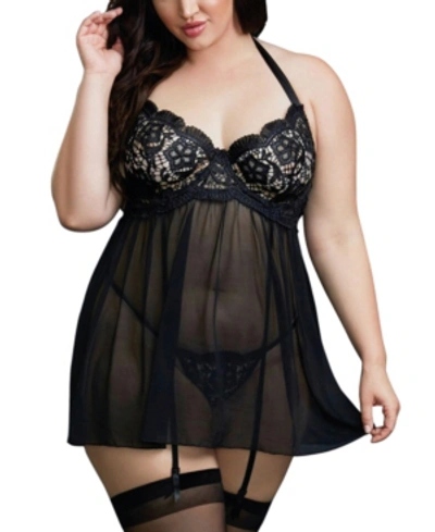 Shop Dreamgirl Women's Plus Size Venice Embroidery Lace Garter Babydoll With Thong In Black