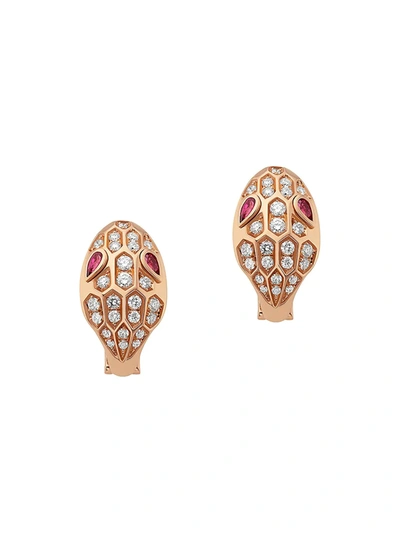 Shop Bvlgari Women's Serpenti Seduttori 18k Rose Gold, Pavé Diamond & Rubellite Stud Earrings