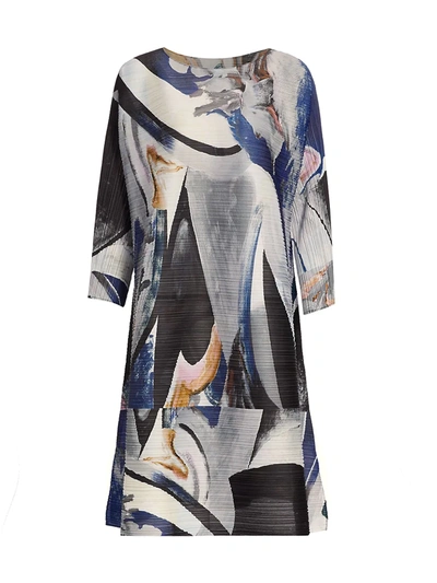 Shop Issey Miyake Musa Printed Pleated Shift Dress In Navy
